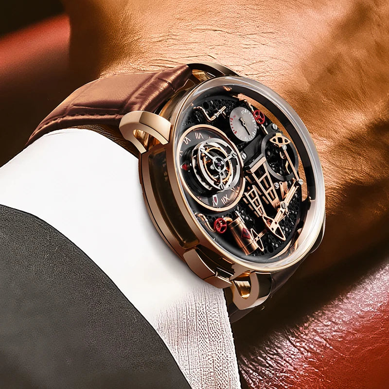 Orologio da uomo PINDU NEW TOP al quarzo con pulsante pompa olio, stile business, 45.5MM, vetro zaffiro, impermeabile, cinturino in pelle