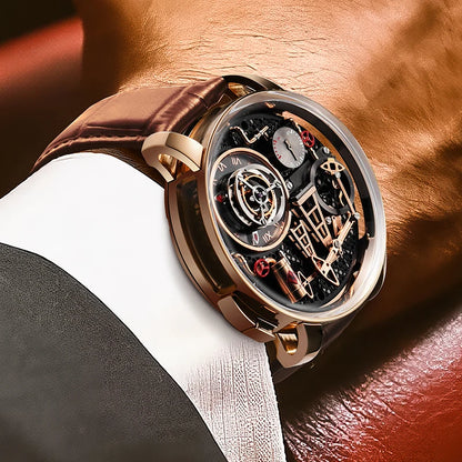 Orologio da uomo PINDU NEW TOP al quarzo con pulsante pompa olio, stile business, 45.5MM, vetro zaffiro, impermeabile, cinturino in pelle
