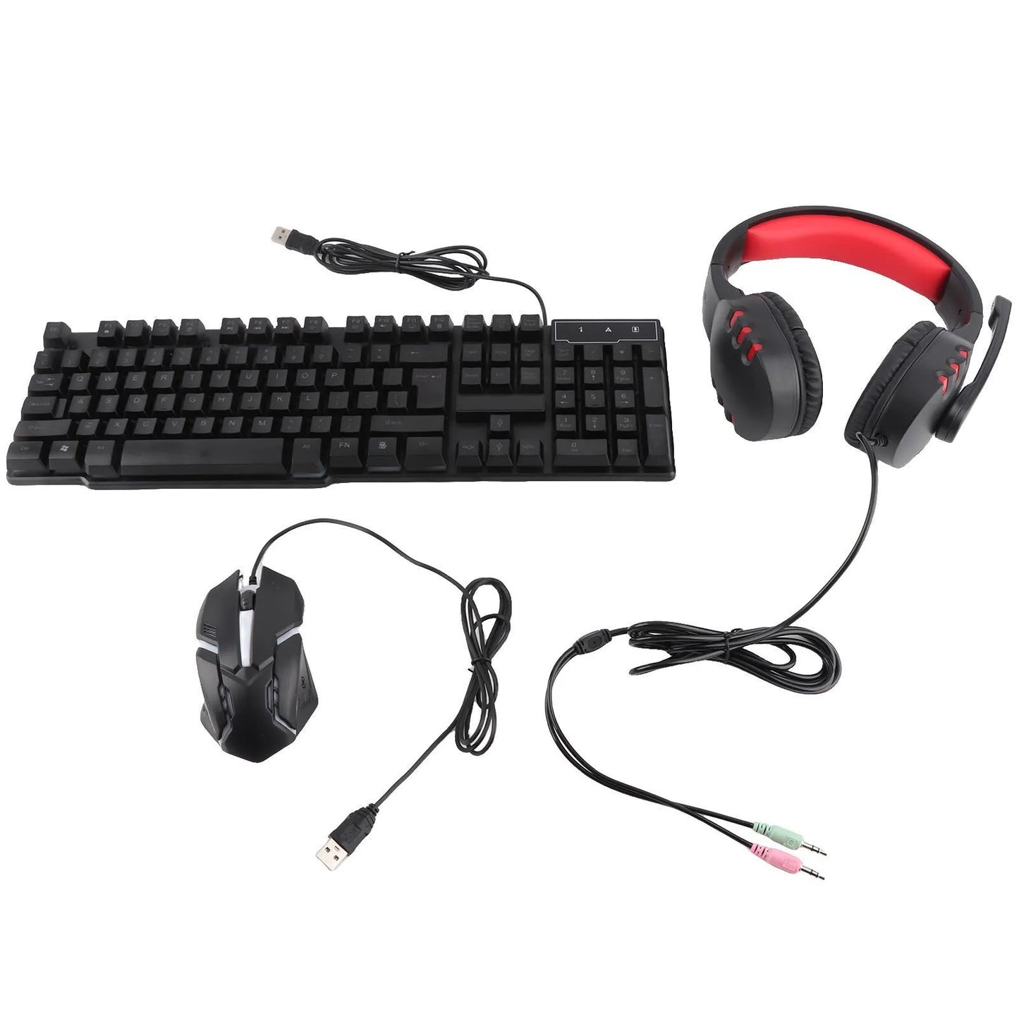 Conjunto Teclado e Rato Gaming 4 Peças Ergonómico, Teclado de 104 Teclas, Rato com Iluminação Respirante de 4 Cores, Auscultadores e Tapete de Rato Antiderrapante
