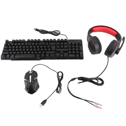 Conjunto Teclado e Rato Gaming 4 Peças Ergonómico, Teclado de 104 Teclas, Rato com Iluminação Respirante de 4 Cores, Auscultadores e Tapete de Rato Antiderrapante