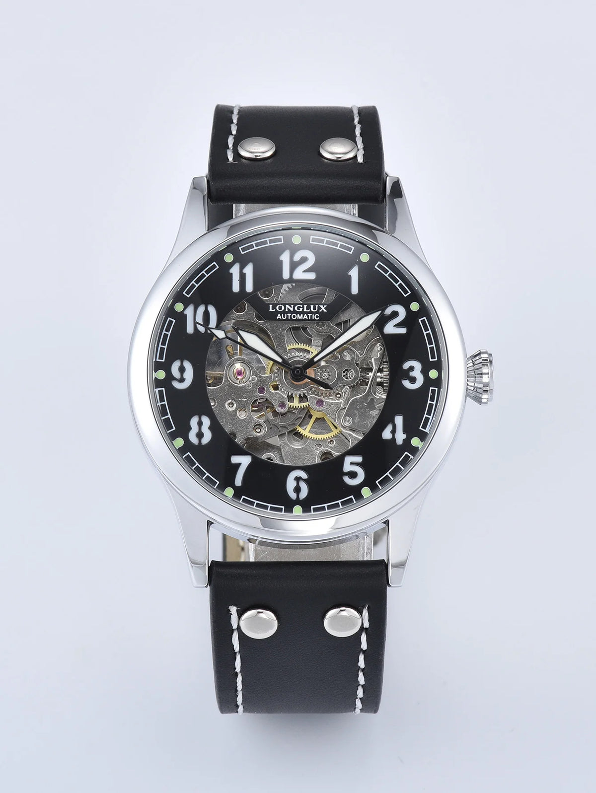 LONGLUX men automatic watch vintage pilot tough guy mechanical watches skeleton waterproof luminous leather gift