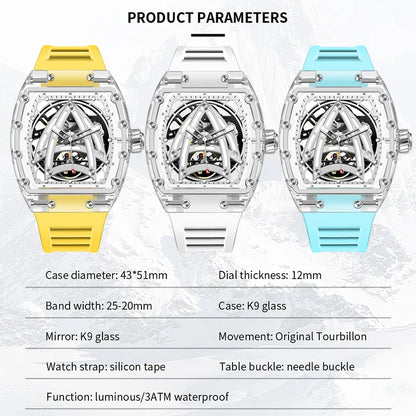 PINDU Designer Hollow Tonneau Mechanical Watch Men Luxury Brand Skeleton Automatic Watches Mens Sport Silicone Wristwatch JH3105