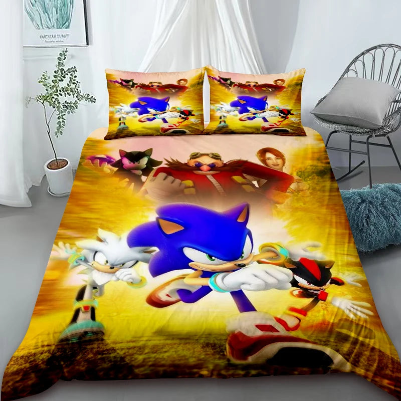 Cartoon Duvet Cover Set , Washable Cotton Bedding – S-Sonic-S the H-Hedgehog Movie Theme Student Bedroom Decor for All Seasons