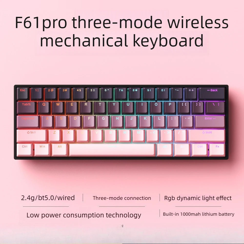 Wireless Gaming Mechanical Keyboard 60% RGB Bluetooth Keyboard, Triple Mode Wireless Mechanical Keyboard with 61 Keys, Compact RGB Gaming Keyboard for PC, Laptop & Tablet