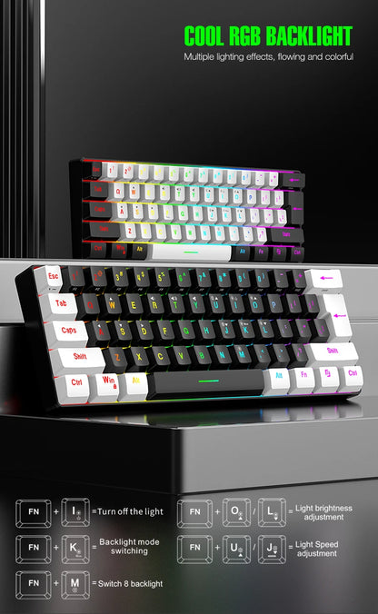 Teclado mecânico com fios de 61 teclas, branco, com switch preto e azul, à prova de água, iluminação RGB, kit para gaming e escritório, PUBG, retroiluminado