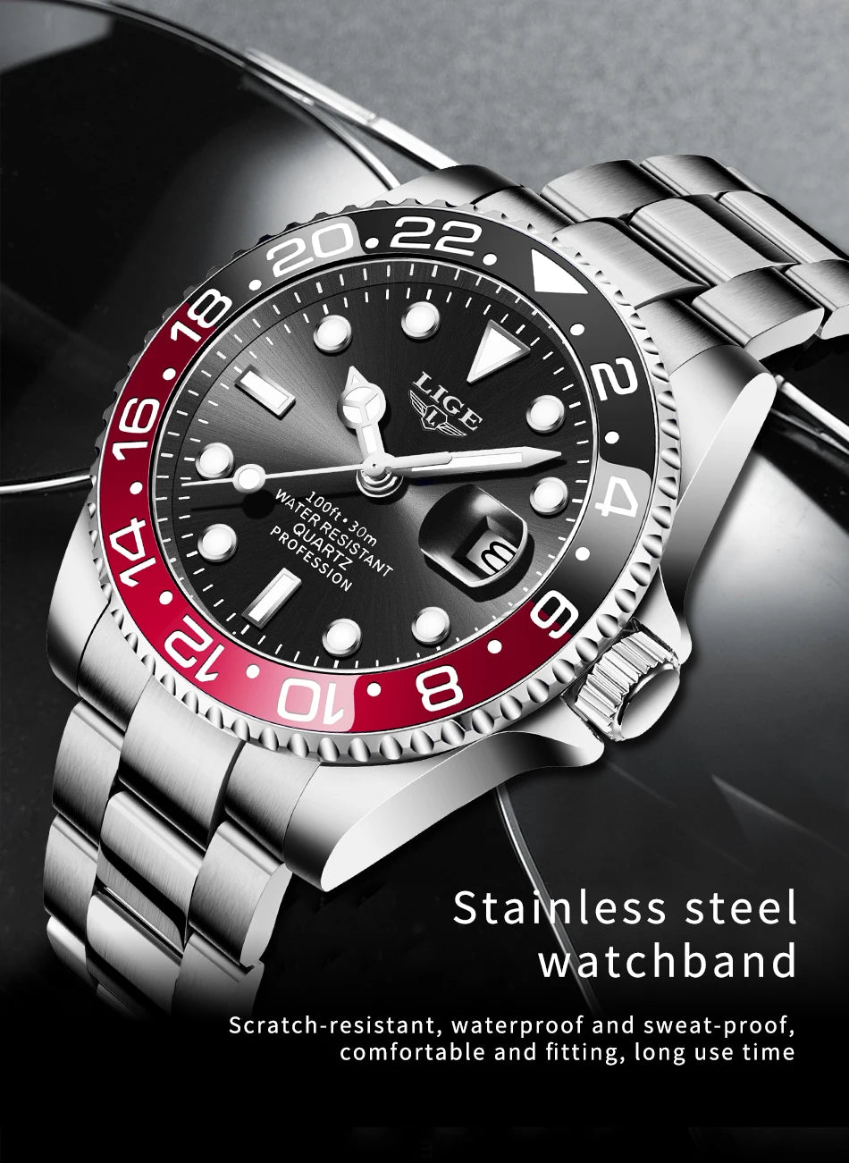 LIGE Fashion Business Watch Men 3ATM Waterproof Luminous Wristwatch Men Clock Top Brand Luxury Sports Quartz Diving Chronograph
