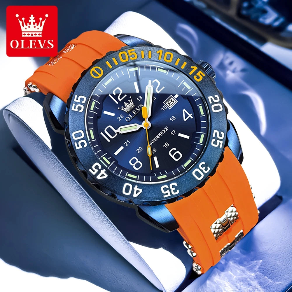 OLEVS Luxury Men's Fashion Quartz Watch Waterproof Luminous Orange Silicone Strap Sports Men Military Wristwatches Watch for Men