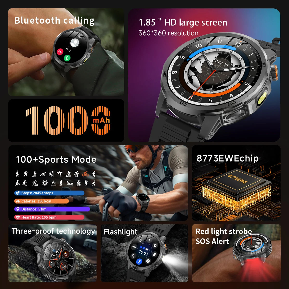 2026 New Military Outdoor Smart Watch 1.85‘’ AMOLED 1000mAh Large Battery 5ATM Waterproof Voice Call Sports Men Fitness Bracel