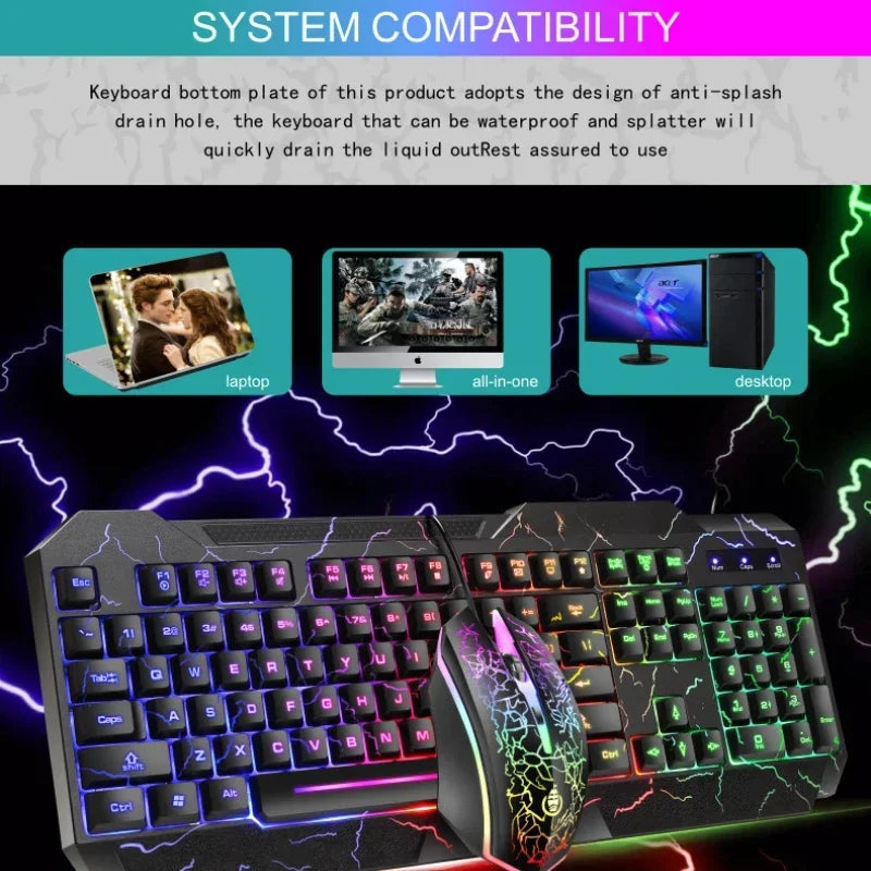 Conjunto de Teclado e Rato Gaming com Fios para Computador de Secretária, Sensação Mecânica e Retroiluminação LED