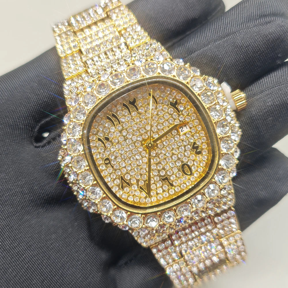 Luxury Brand Men Quartz Watch Fashion Square Hip Hop Diamond Out Sparkling Jewelry Waterproof Stainless Steel Wristwatch Man New