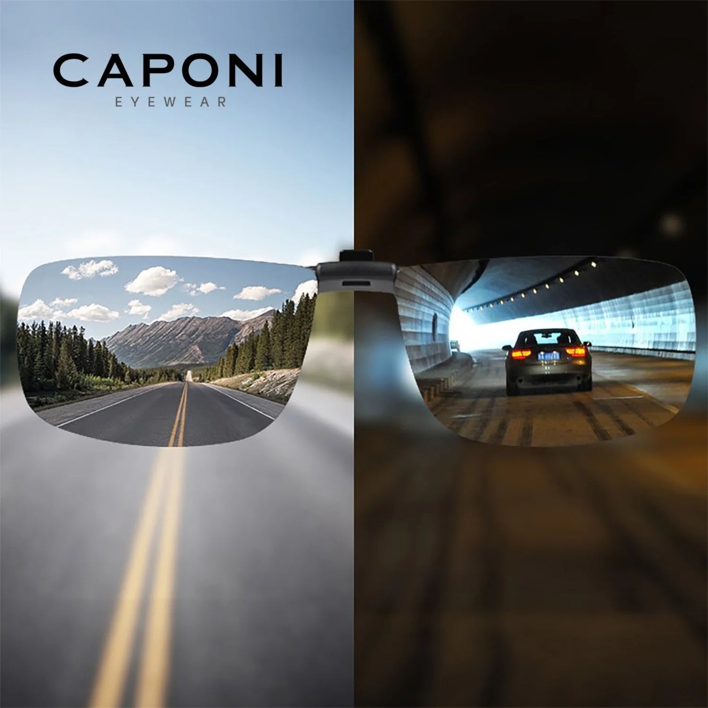 CAPONI New Sunglasses Clip For Men Square Polarized Photochromic Glasses Clip Flipped Up Protect Eyes Light Clip On Frame BS1282