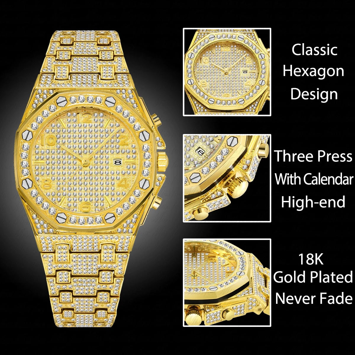 Gold Watches For Men Full Iced Diamond Men's Quartz Watch Luxury Fashion Calendar Wristwatch Dropshipping