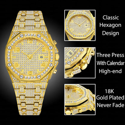 Gold Watches For Men Full Iced Diamond Men's Quartz Watch Luxury Fashion Calendar Wristwatch Dropshipping