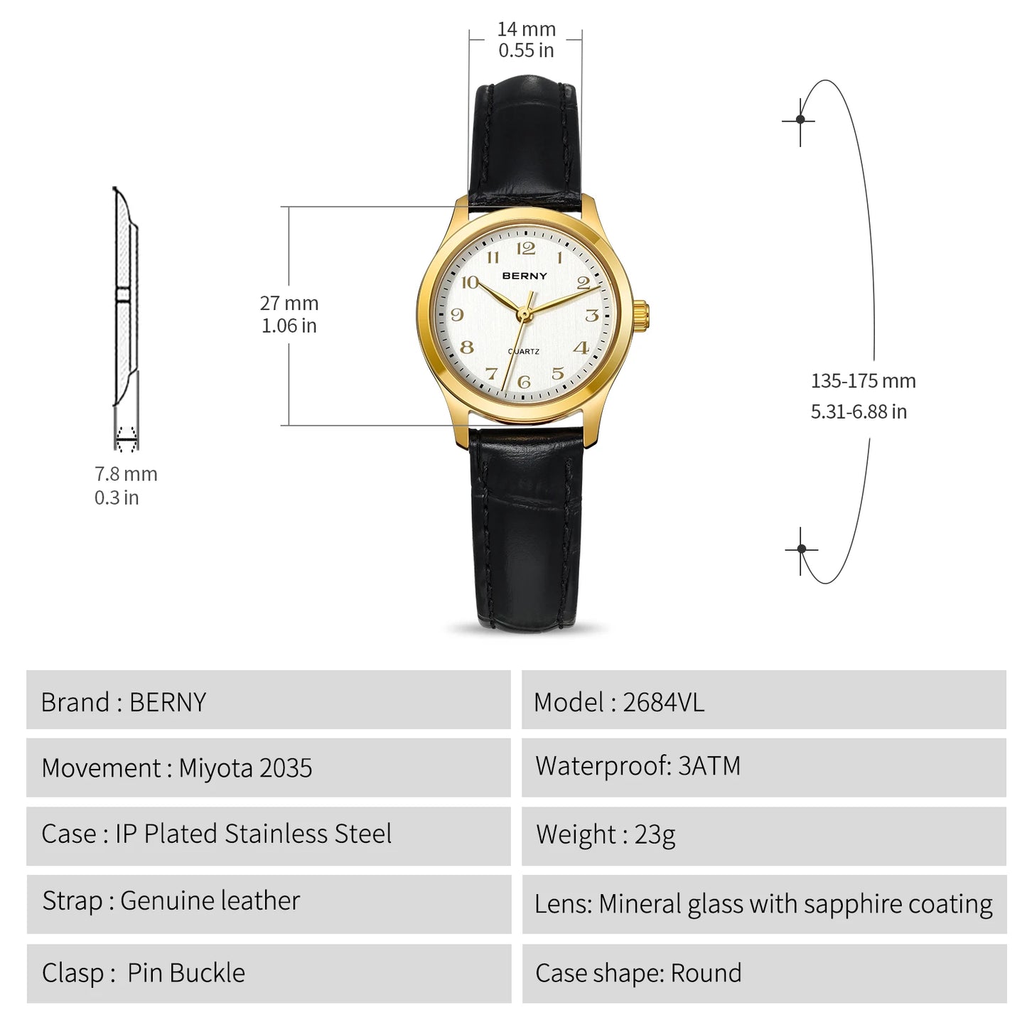 BERNY Gold Watch for Women Luxury Ladies Fashion Quartz Wristwatch Elegant Gradient Dial Multiple Scenarios Matching Lady Watch