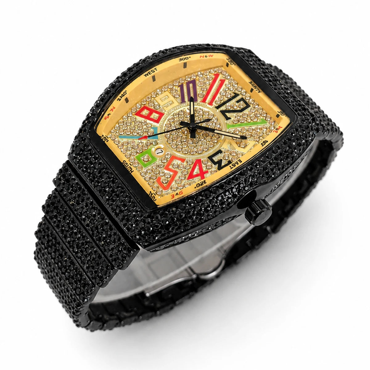 Men's Luxury Barrel-Shaped Quartz Watch With Black Iced Diamond Rainbow Number Dial Luminous Hands Watches For Man Dropshipping