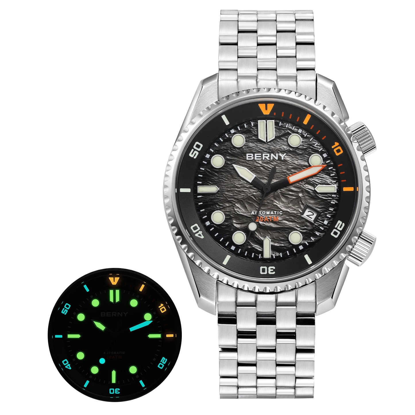 BERNY Automatic Diver Watch for Men Top Luxury Sapphire 316L Steel Blue Dial 200M Waterproof Mechanical Diving Men's Watches