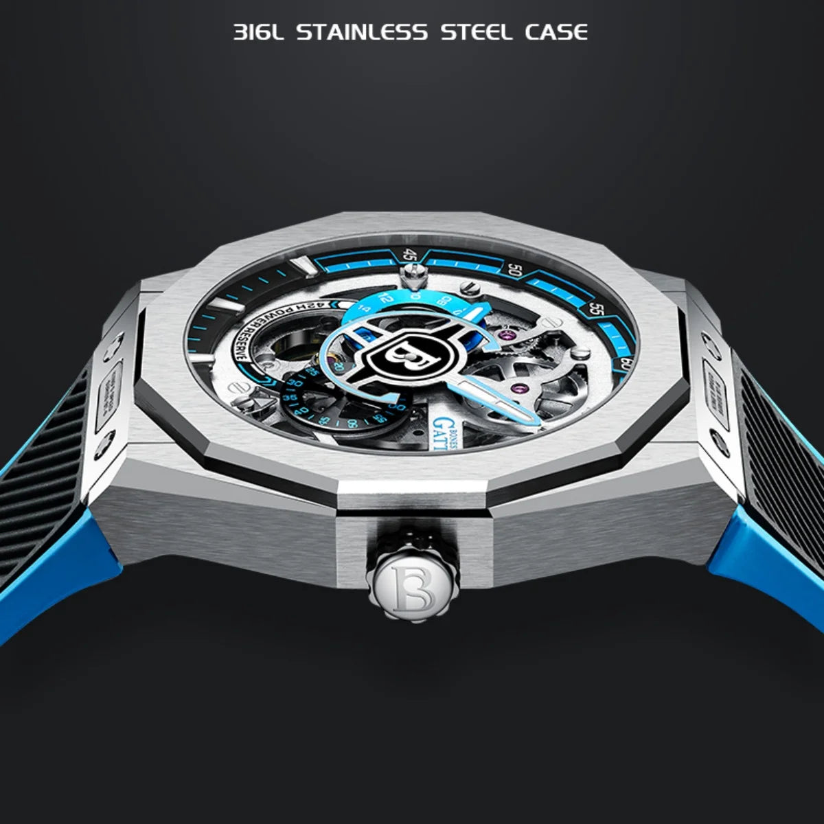 BONEST GATTI BG7601 Men's Automatic Mechanical Watch Sapphire Crystal Waterproof Luminous Rubber Strap Wristwatch