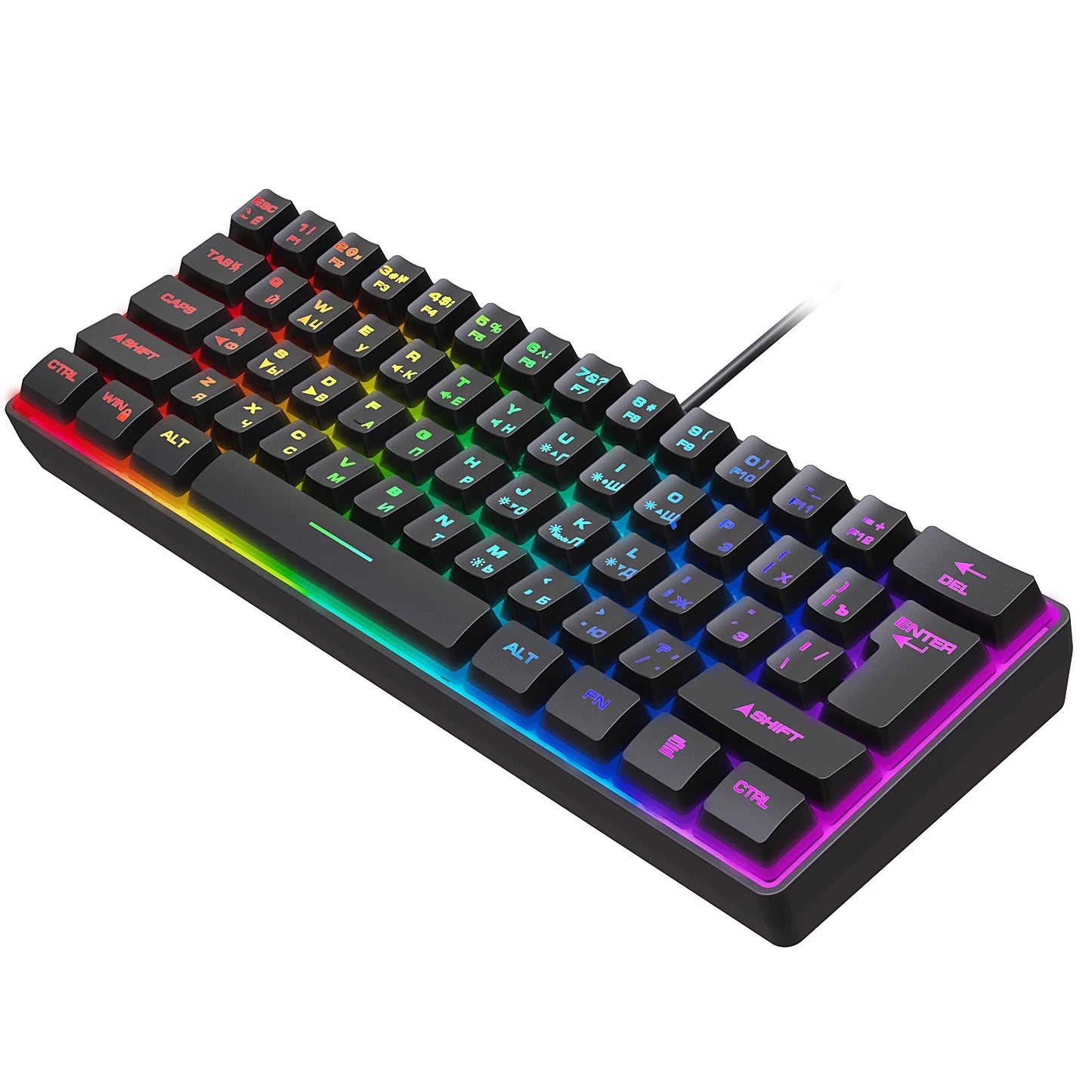 Teclado Gaming, Teclado Ultra-Compacto de 61 Teclas Russo/Inglês com Retroiluminação RGB, Teclado de Escritório Gaming Impermeável com Sensação Mecânica