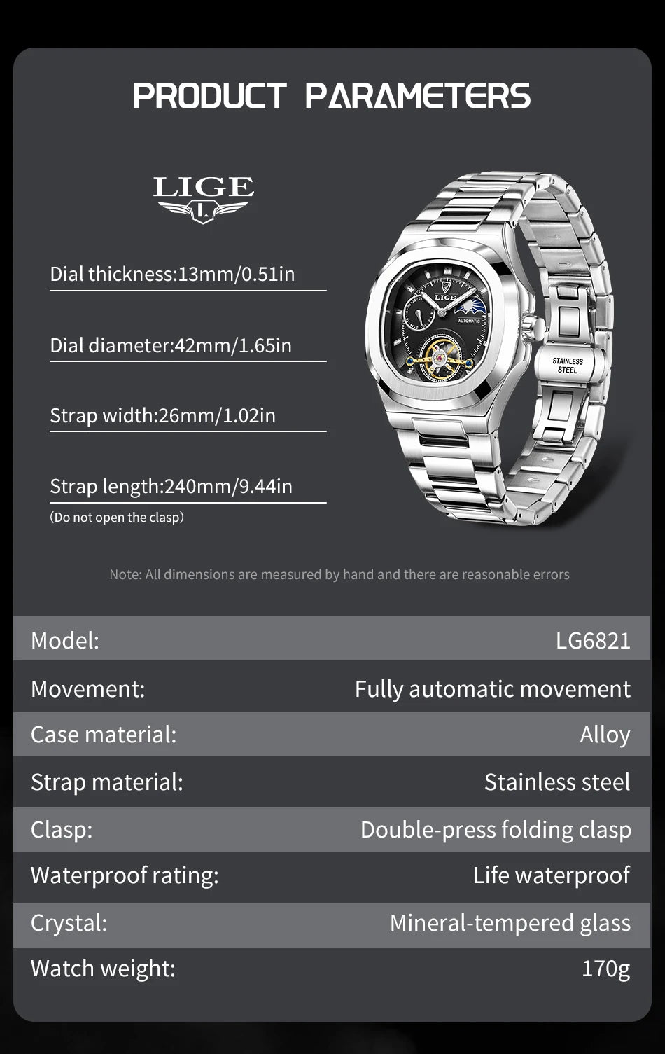 LIGE Watch For Man Luxury Business Waterproof Luminous Mechanical Watches Fashion Moon Phase Automatic Movement Men's Watches