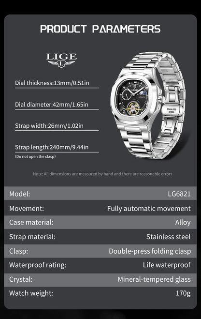 LIGE Watch For Man Luxury Business Waterproof Luminous Mechanical Watches Fashion Moon Phase Automatic Movement Men's Watches