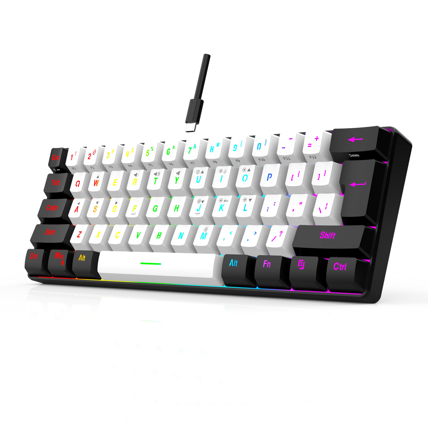 Teclado mecânico com fios de 61 teclas, branco, com switch preto e azul, à prova de água, iluminação RGB, kit para gaming e escritório, PUBG, retroiluminado