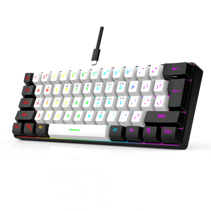 Teclado mecânico com fios de 61 teclas, branco, com switch preto e azul, à prova de água, iluminação RGB, kit para gaming e escritório, PUBG, retroiluminado