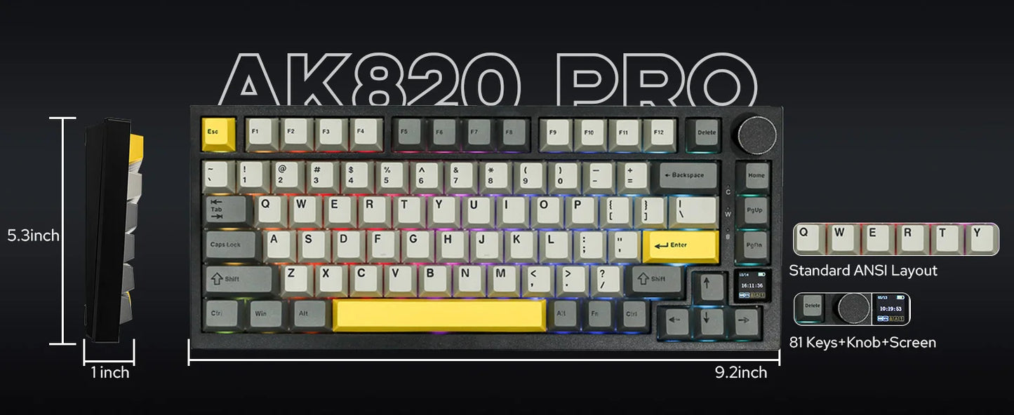 Teclado mecânico Ajazz AK820 Pro 75% com montagem gasket, Bluetooth 5.1/2.4G sem fios/com fios e ecrã TFT para Mac/Win