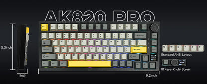 Teclado mecânico Ajazz AK820 Pro 75% com montagem gasket, Bluetooth 5.1/2.4G sem fios/com fios e ecrã TFT para Mac/Win