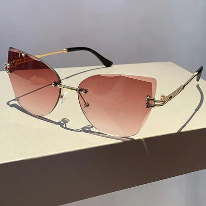 KLASSNUM Vintage Rimless Sunglasses Women Men Cat Eye Gradient Lens Sun Glasses UV400 Shades Protection Goggles for Party Xmas