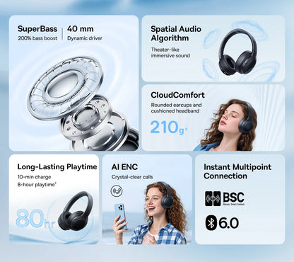 Auscultadores Over-Ear Sem Fios Bluetooth 5.3 Baseus – Driver HiFi de 40mm, Headset Dobrável com 70H de Autonomia e Áudio Espacial