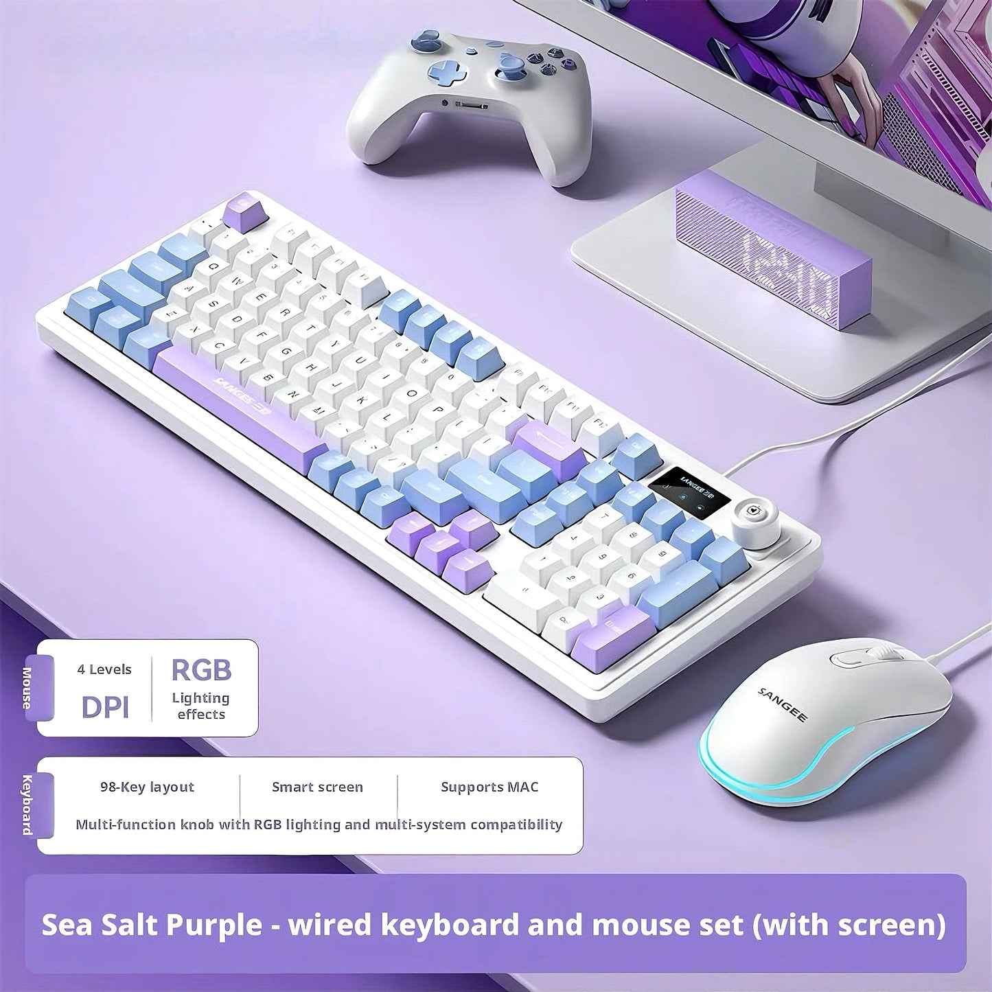 SANGEE Wired 98 Keys Keyboard Mouse Combo with LCD Screen Mechanical Feel RGB Backlit Silent Gaming Office Kit for PC Laptop
