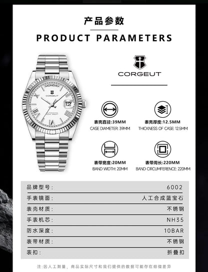 39mm Men Corgeut Logo/Name NH36 Automatic Mechanical Relogio Masculino Sapphire Glass Luminous Waterproof Wristwatch