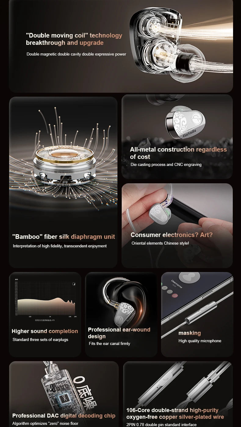 Zhulinniao JingHong Z3 2025 High-Fidelity In-Ear HiFi Earphones Dual Dynamic Drivers Metal Music Monitor Customizable Audio