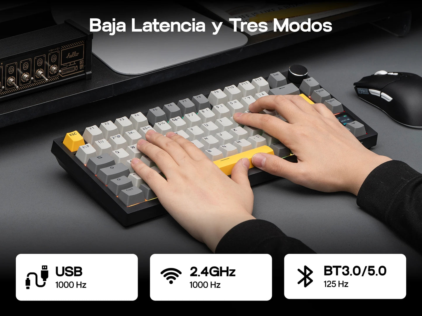Teclado mecânico ISO-ES EPOMAKER X AJAZZ AK820 PRO 75% com layout espanhol, com fios/2.4GHz/BT, ecrã e botão rotativo para PC/Mac