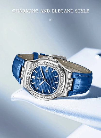 New Fashion BANGWEI Elegant Luxury Quartz Woman Watch Simple Dial Diamond Retro Leather Date Waterproof Luminous Women's Watches