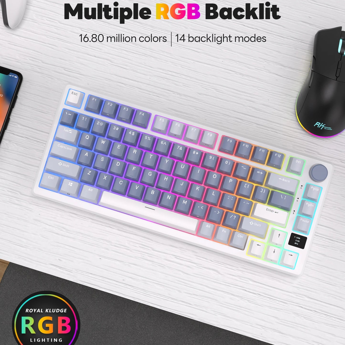 RK ROYAL KLUDGE M75 2.4G Wireless/Bluetooth/USB-C Mechanical Keyboard 81Keys RGB Hot-Swappable Gasket Gamer Keyboard with Screen