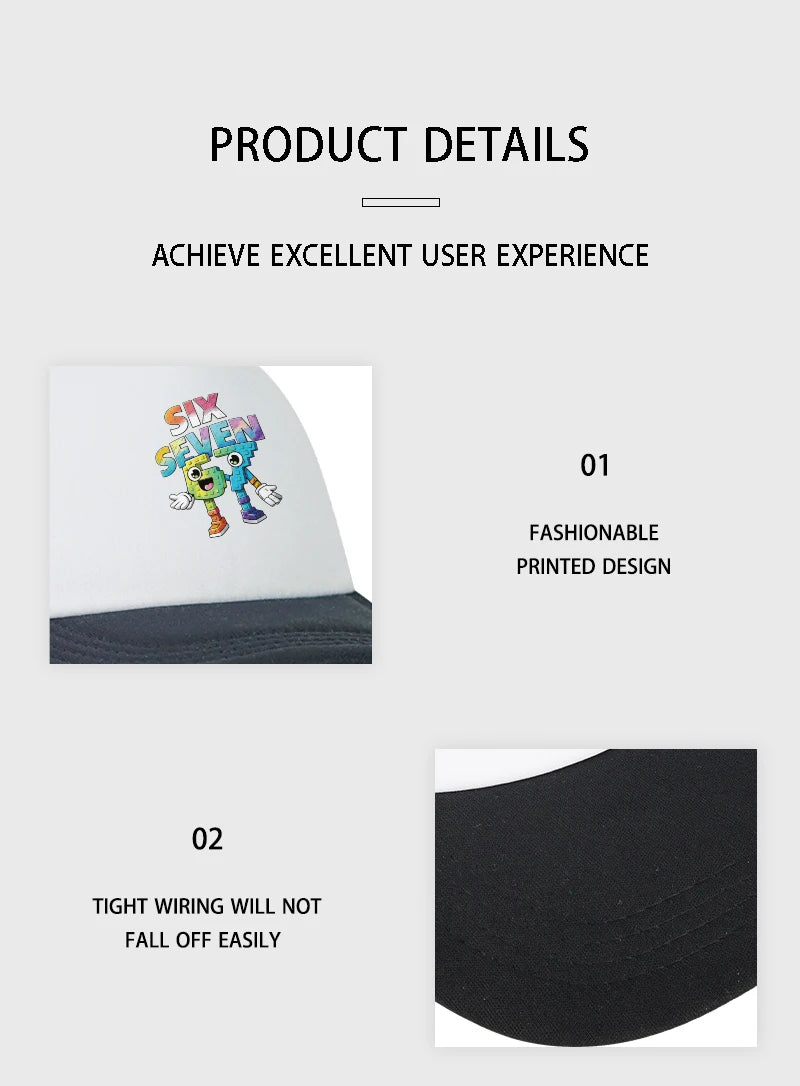 Six Seven Cartoon Number Print Sponge Mesh Cap – Unisex Colorful Building Block Mesh Baseball Cap – Adjustable, Breathable Sun H