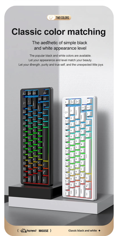 FREEWOLF M68SE Teclado Mini com Fio de 68 Teclas, Retroiluminação RGB, Type-C, Layout 68%, Compacto para Gaming, Escritório, PC e Portátil