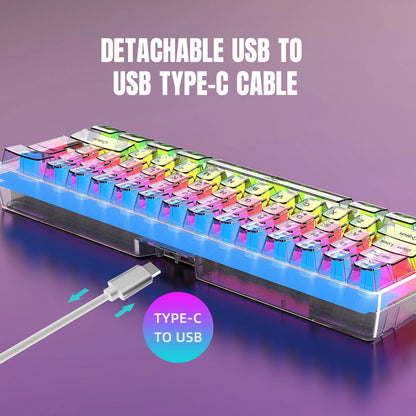 Teclado Gaming Transparente com Fio HXSJ 60%, Retroiluminação RGB, Ultra-Compacto, Impermeável, Teclado Compacto Pequeno de 61 Teclas para PC/Mac