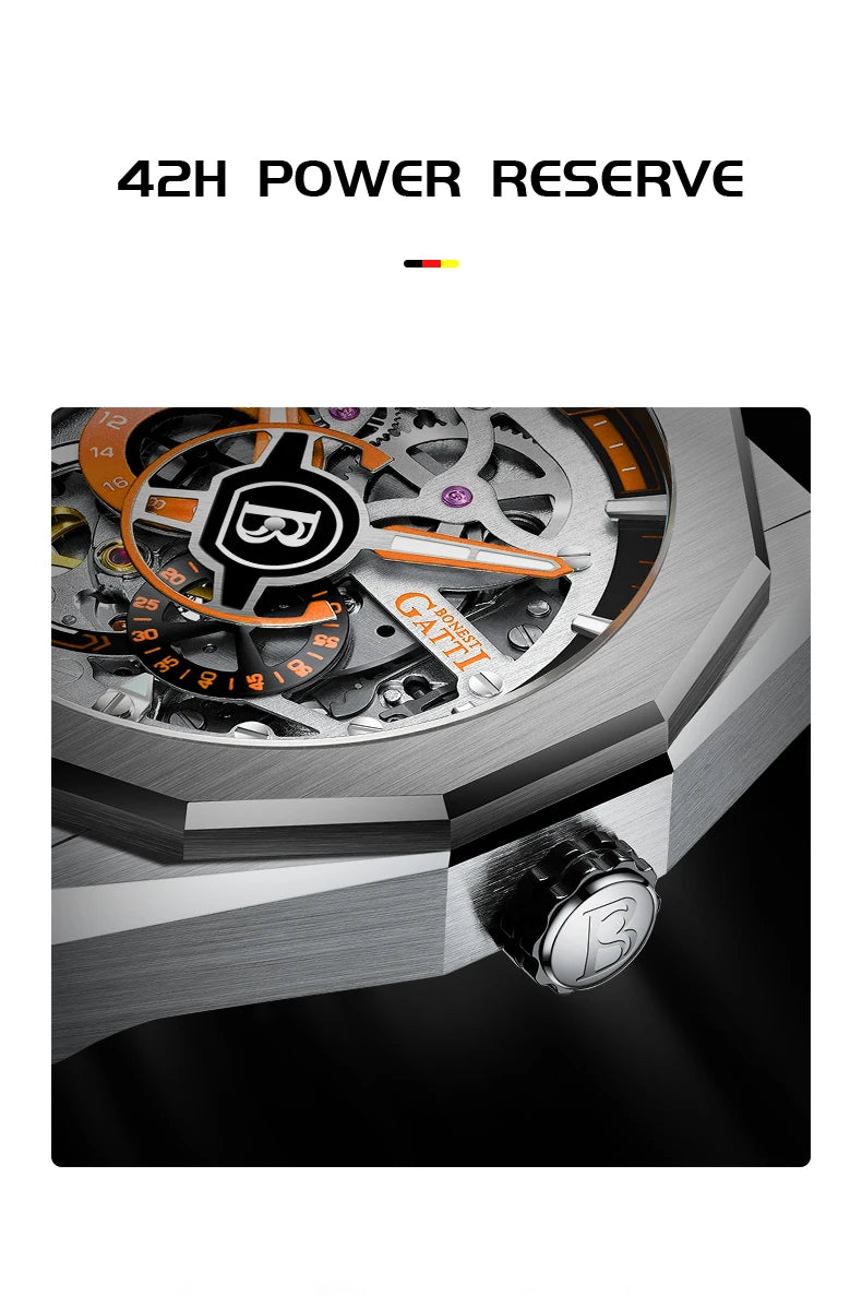 BONEST GATTI BG7601 Men's Automatic Mechanical Watch Sapphire Crystal Waterproof Luminous Rubber Strap Wristwatch
