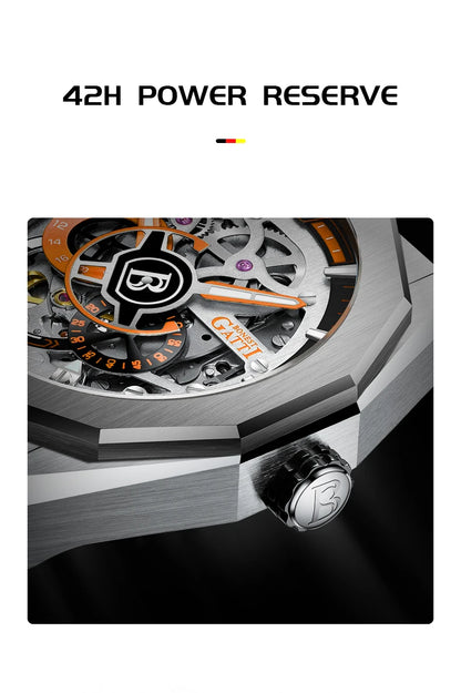 BONEST GATTI BG7601 Men's Automatic Mechanical Watch Sapphire Crystal Waterproof Luminous Rubber Strap Wristwatch