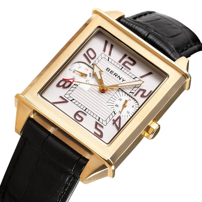 BERNY 6P25 Quartz Watch for Men Golden New Square Wristwatch Vintage Day Top Leather 3ATM Waterproof Luxury Watch Male