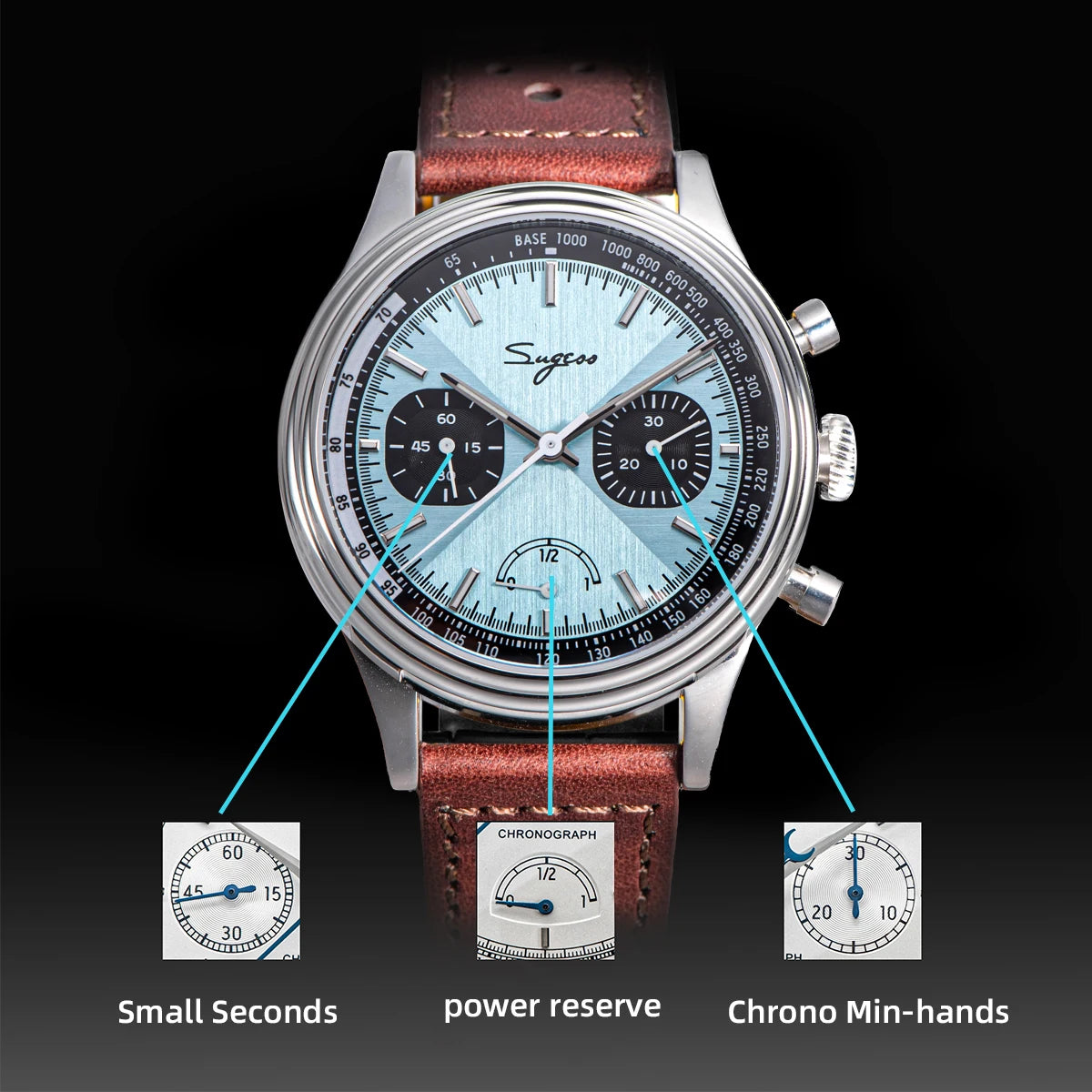 Sugess Watch of Men Pilot 1963 Wristwatches ST1906 Chronograph Handwind Movement Domed Sapphire Waterproof PowerReserve Lume V2