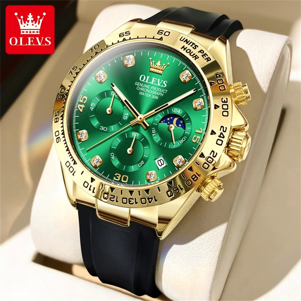 OLEVS 2875 Quartz Watch for Men Original Luxury Brand Silicone Strap Chronograph Auto Date Waterproof Moon Phase Sport Man Watch