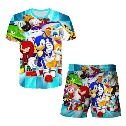 Fashion 3D Anime Children's T-shirt Set Sonic The Hedgehog Top Short Sleeve + Shorts Two-piece Set Girls Boys Cosplay Costume