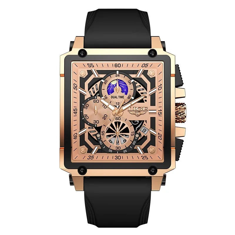 New LIGE Mens Watches Top Brand Luxury Hollow Square Sport Watch For Men Fashion Silicone Strap Waterproof Quartz WristWatch+Box