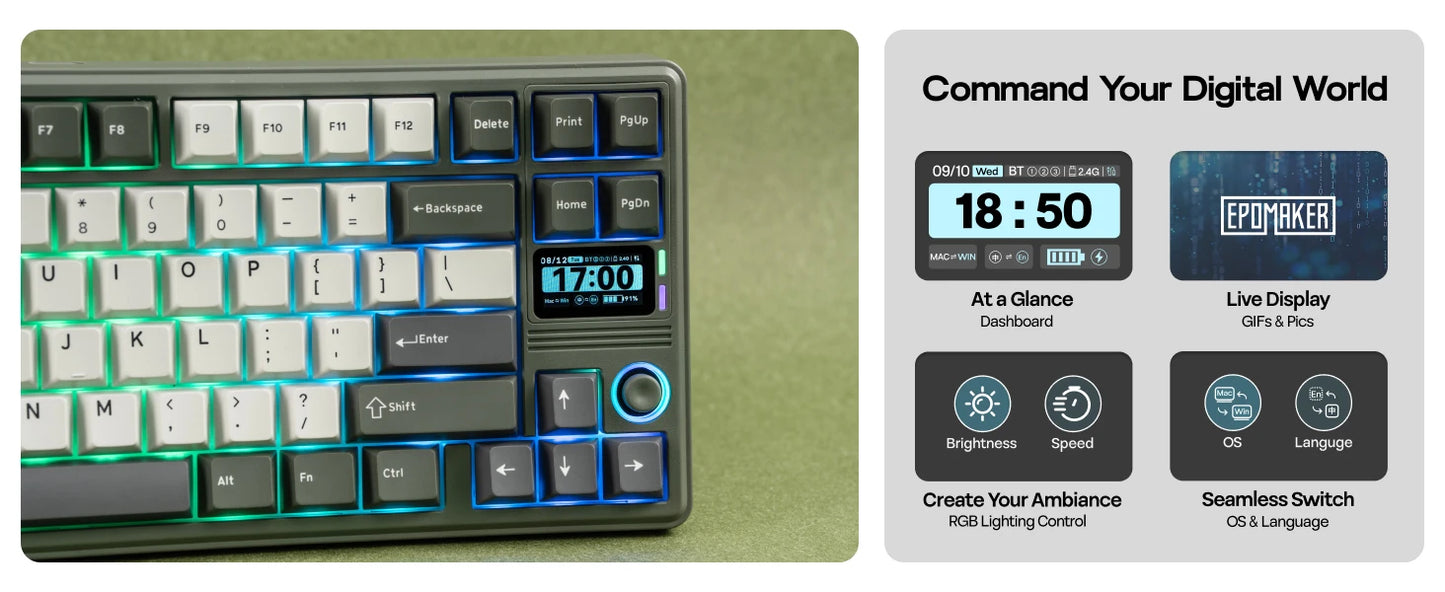 EPOMAKER RT85 75% ANSI US Layout Creamy Gasket Wired/BT/2.4Ghz Wireless Mechanical Keyboard with Joystick & DIY Screen 8000mAh
