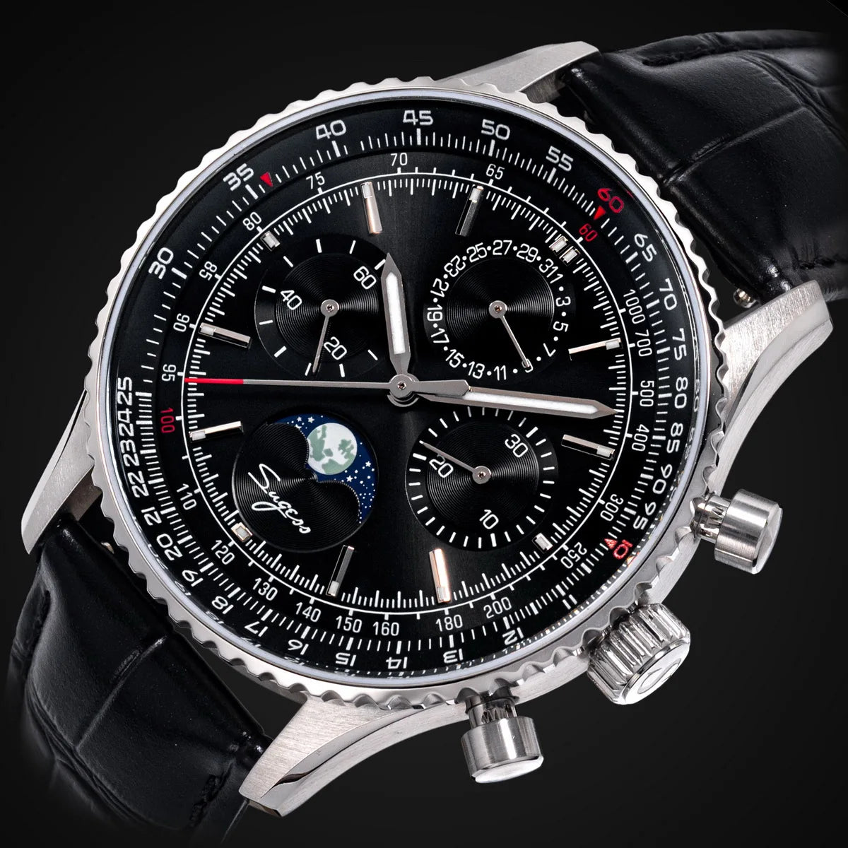Sugess Chronograph Watch of Man ST1908 Swanneck Movement Mechanical Moonphase Wristwatches Waterproof Calendar Vintage New S468