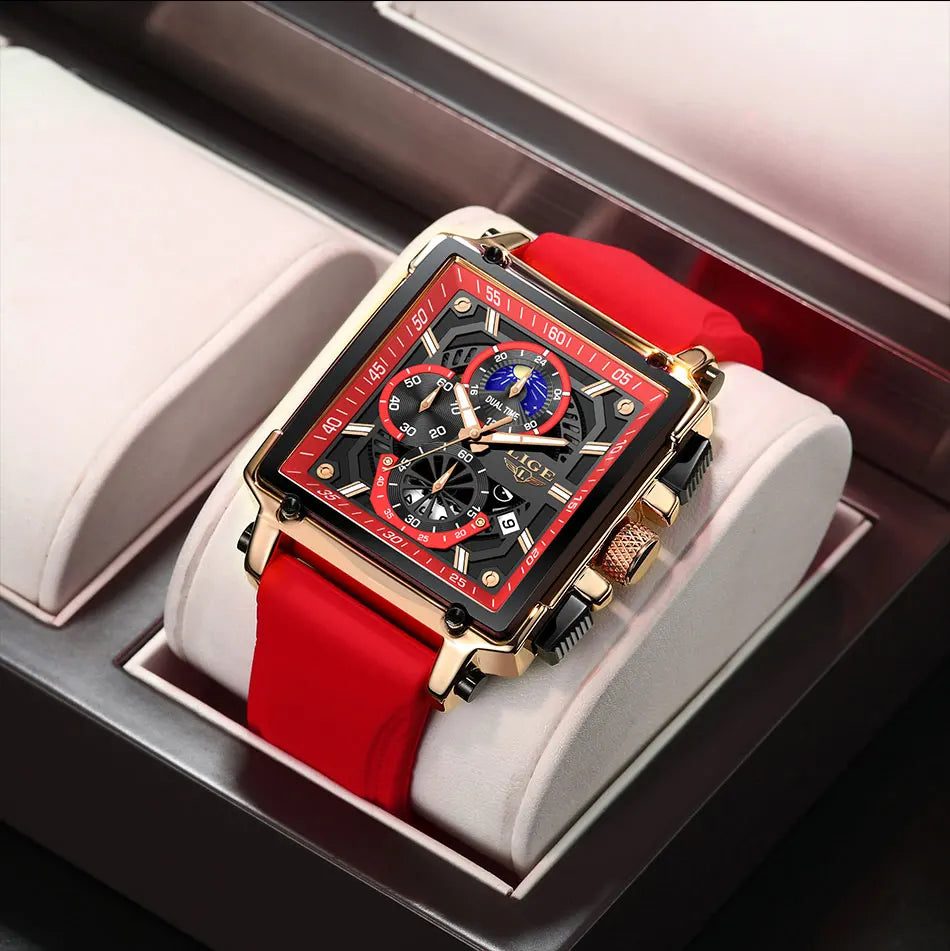 New LIGE Mens Watches Top Brand Luxury Hollow Square Sport Watch For Men Fashion Silicone Strap Waterproof Quartz WristWatch+Box