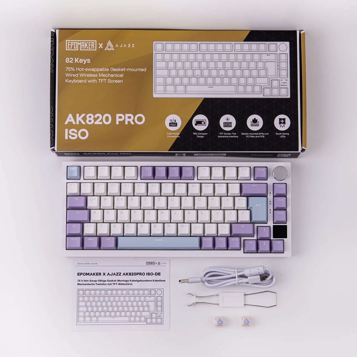 ISO-DE Layout AJAZZ AK820 PRO 75% QWERTZ German Layout Mechanical Keyboard Tri-Modes Wireless Keyboard with TFT Screen NKRO RGB
